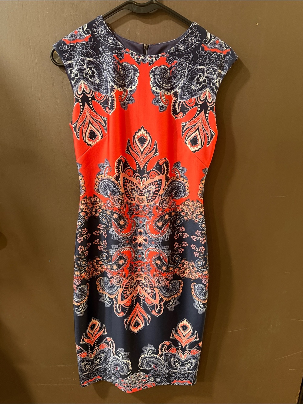 Vince Camuto Red and Navy Paisley Midi Sheath Dress